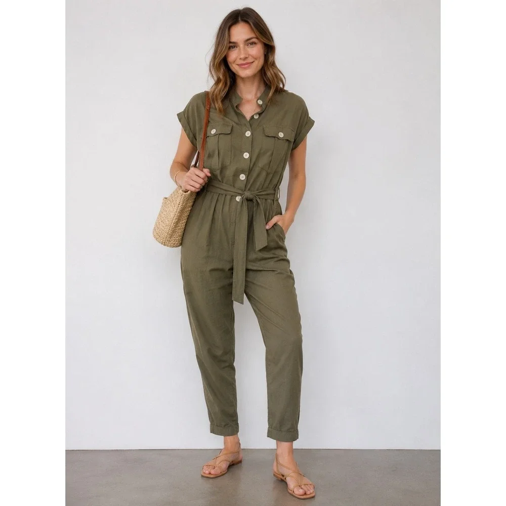Zara Utility Jumpsuit Women L Olive Green Linen Blend Belted Short Sleeve Safari